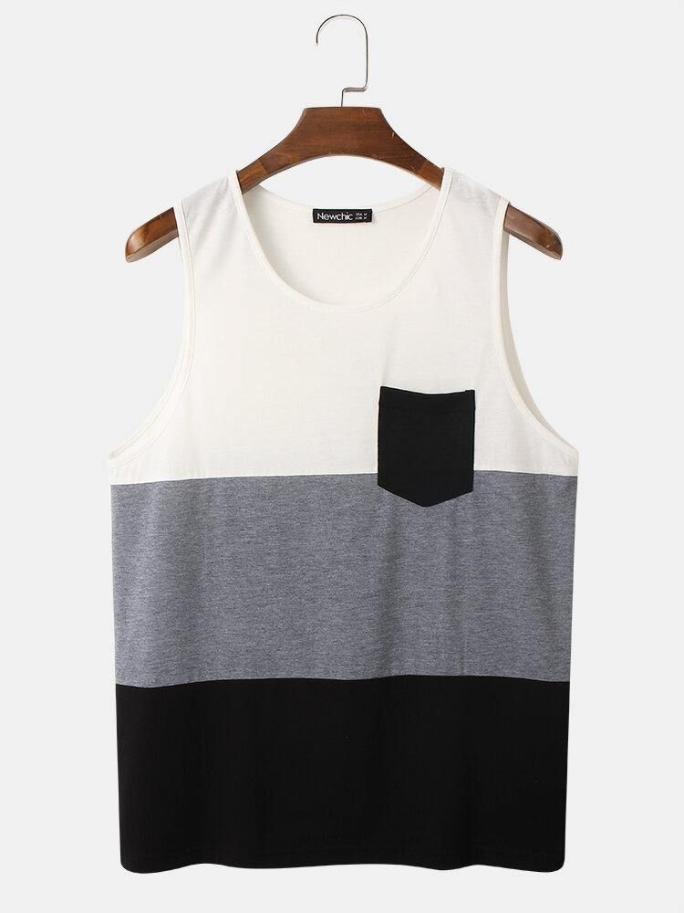 Ermeløs Patchwork Brystlomme Preppy Tanktopp For Menn