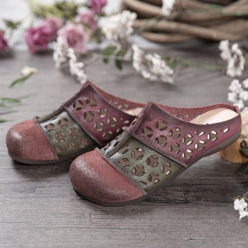 Distressed Leather Burnished Cutout Splicing Flat Mules Clogs Slip-On Sandaler