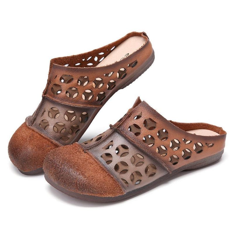 Distressed Leather Burnished Cutout Splicing Flat Mules Clogs Slip-On Sandaler