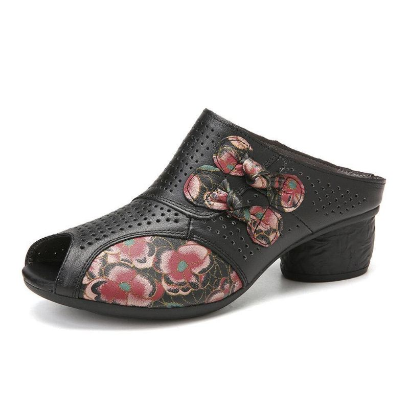 Etnisk Floral Bowknot Dekor Hul Ut Trykt Kuskinn Skinn Peep Toe Hæl Sandaer.