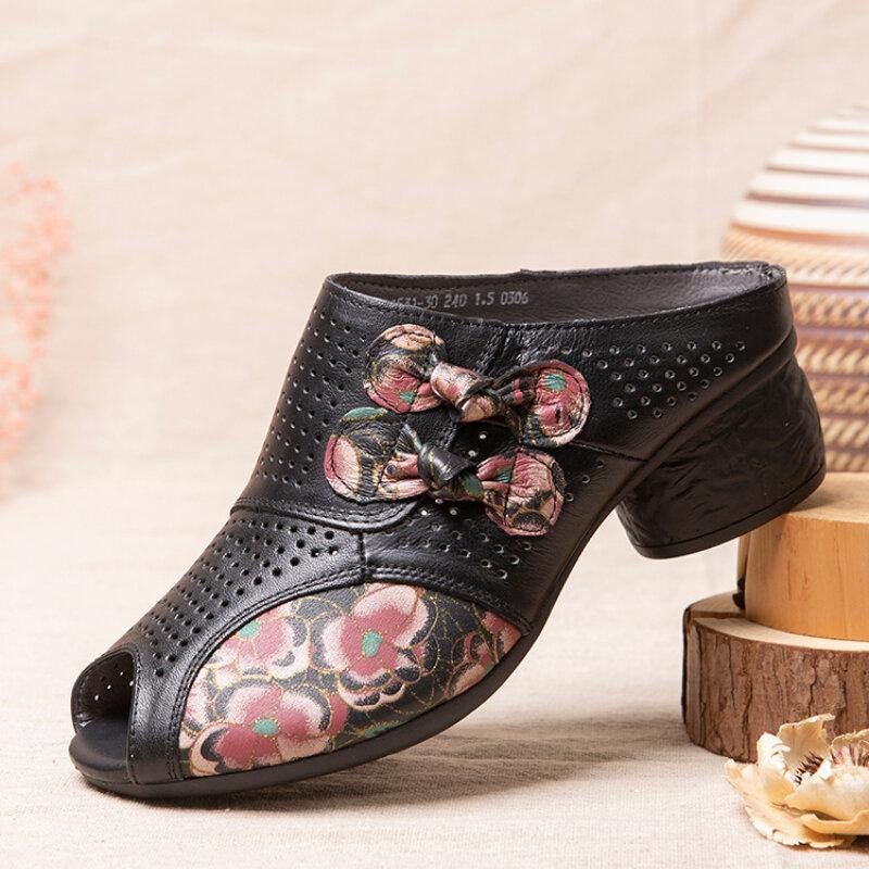 Etnisk Floral Bowknot Dekor Hul Ut Trykt Kuskinn Skinn Peep Toe Hæl Sandaer.