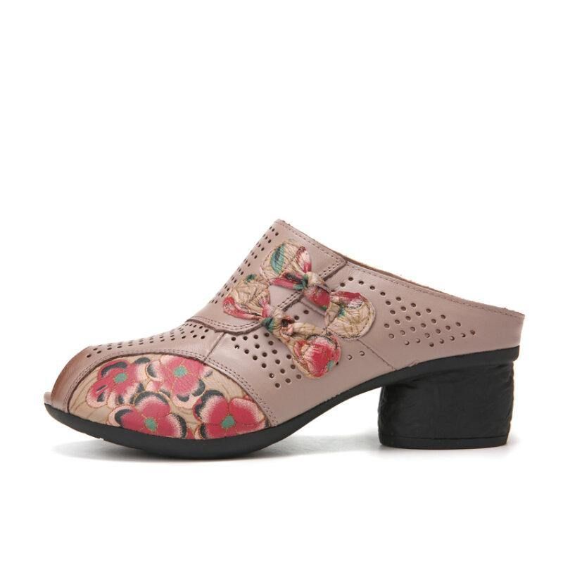 Etnisk Floral Bowknot Dekor Hul Ut Trykt Kuskinn Skinn Peep Toe Hæl Sandaer.