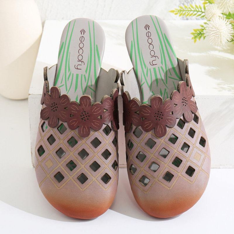Floral Comfy Leather Cut Out Runde Toe Slip-On Mules Flat Shoes