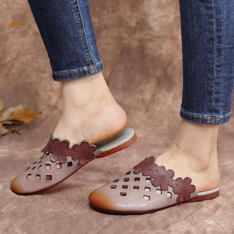 Floral Comfy Leather Cut Out Runde Toe Slip-On Mules Flat Shoes
