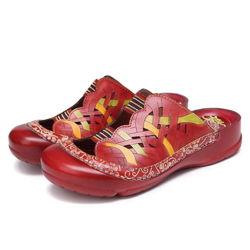 Håndlaget Skinn Floral Elastisk Båndutskjæring Stitch On Slides Flat Mules Sandaler