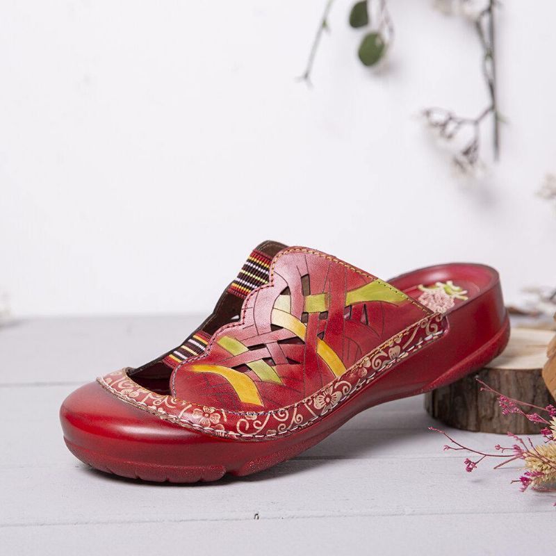 Håndlaget Skinn Floral Elastisk Båndutskjæring Stitch On Slides Flat Mules Sandaler