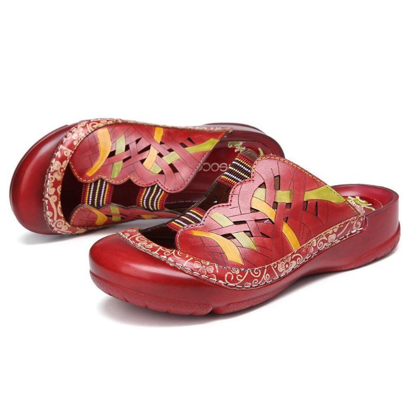 Håndlaget Skinn Floral Elastisk Båndutskjæring Stitch On Slides Flat Mules Sandaler