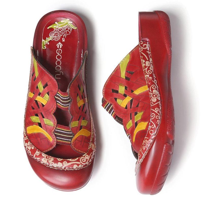 Håndlaget Skinn Floral Elastisk Båndutskjæring Stitch On Slides Flat Mules Sandaler