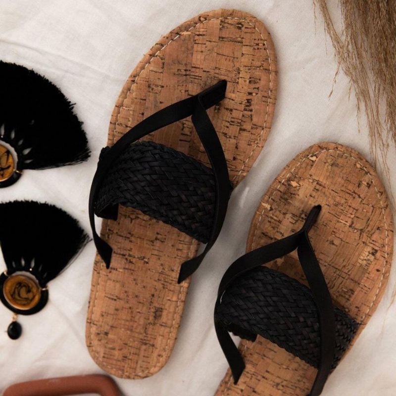 Kvinner Ensfarget Strå Tau Veving Clip Toe Flat Sandaler