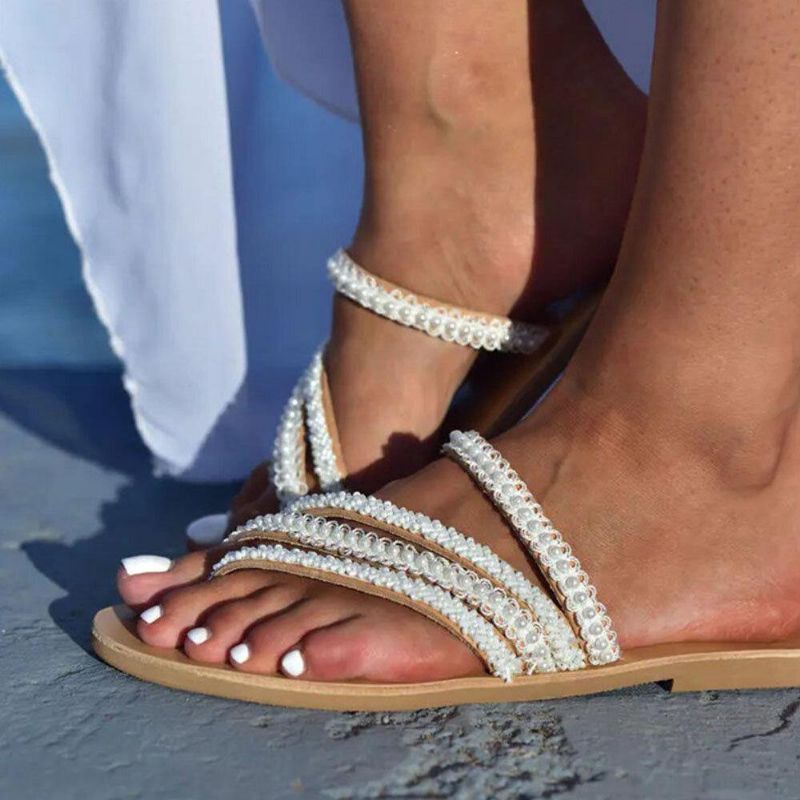 Kvinner Pearl Series Vevd Band Dekorasjon Clip Toe Beach Casual Flat Sandaler