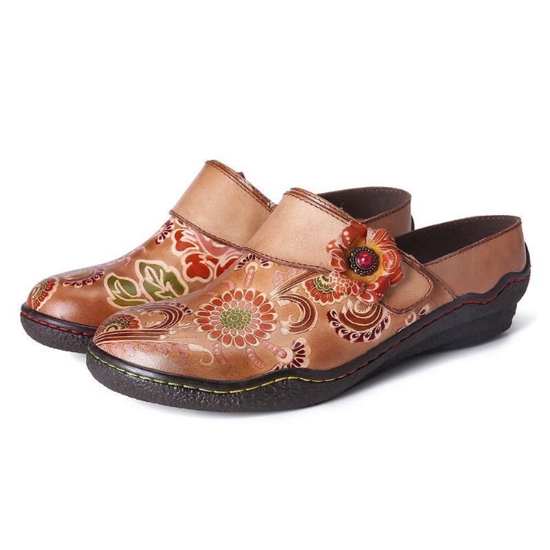 Retro Blomsterpreget Mønster I Ekte Skinn Superkomfortable Slip-On-Sko