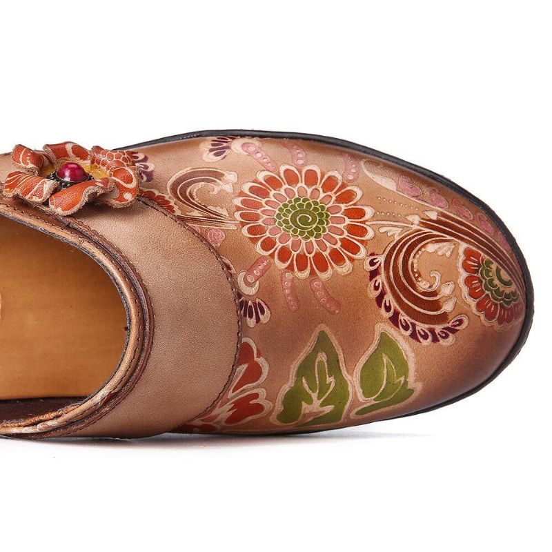 Retro Blomsterpreget Mønster I Ekte Skinn Superkomfortable Slip-On-Sko