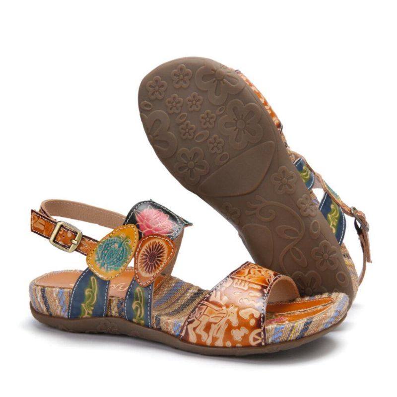 Retro Flower Printing Leather Comfy Flat Stripe Sandaler