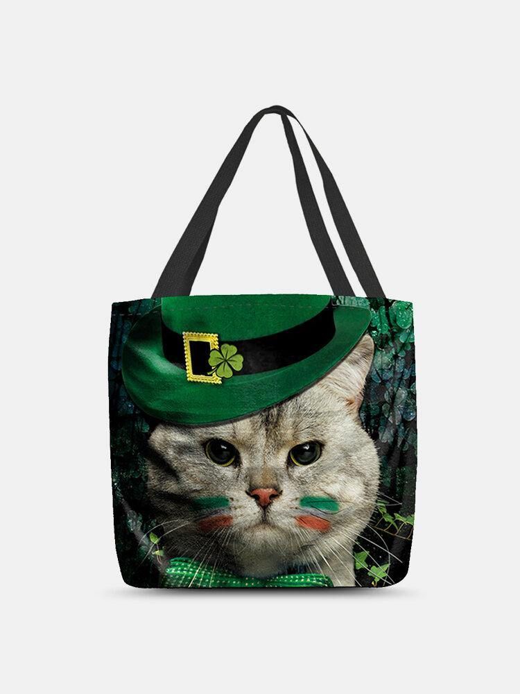 Kvinner Clover Cat Mønster Print Happy St Patrick Day Skulderveske Handbag Tote