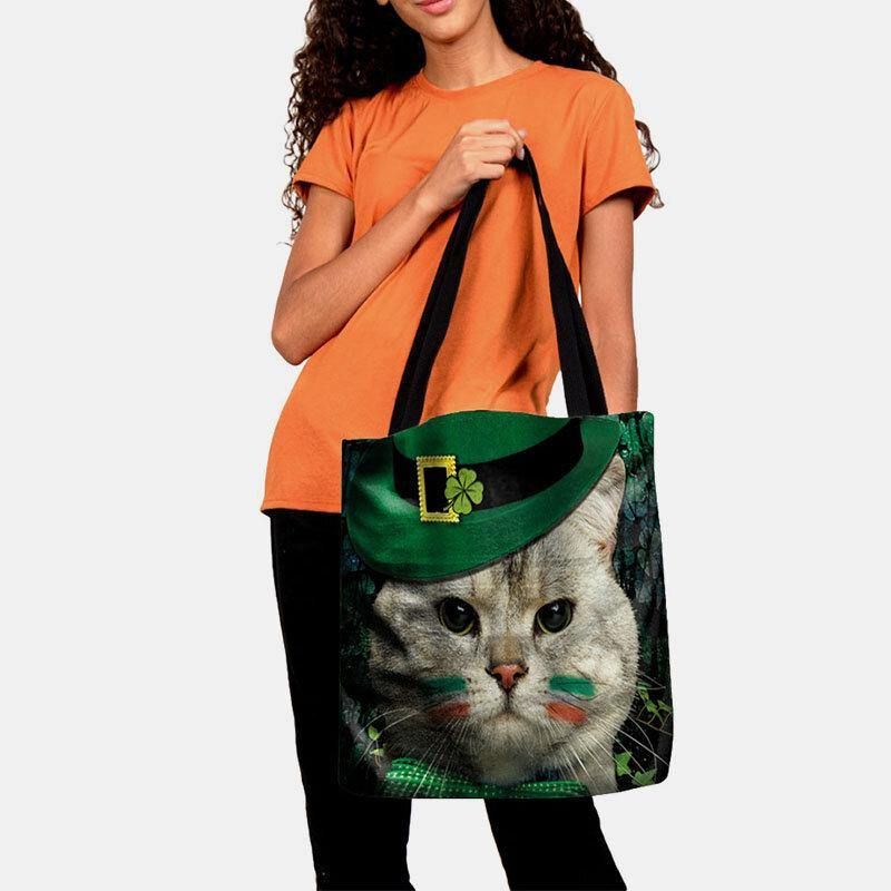 Kvinner Clover Cat Mønster Print Happy St Patrick Day Skulderveske Handbag Tote