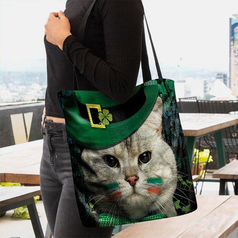 Kvinner Clover Cat Mønster Print Happy St Patrick Day Skulderveske Handbag Tote