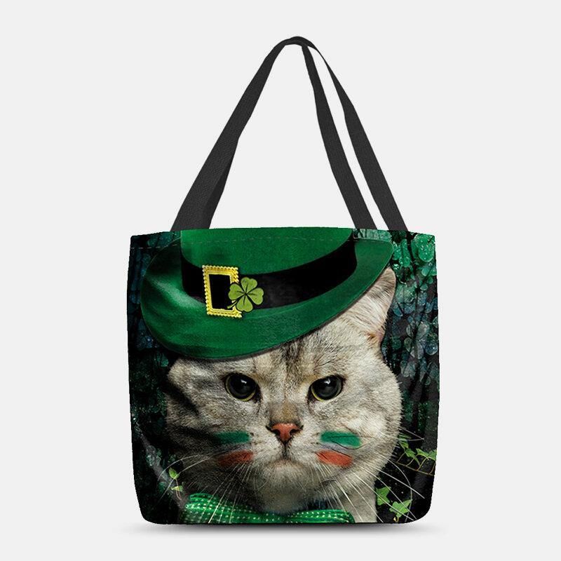 Kvinner Clover Cat Mønster Print Happy St Patrick Day Skulderveske Handbag Tote