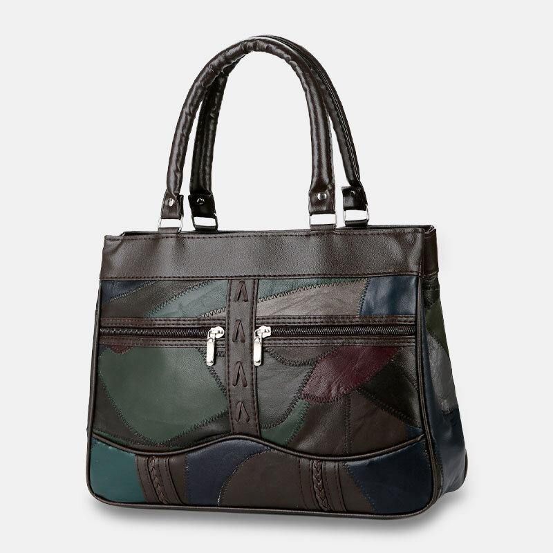 Kvinner Ekte Skinn Patchwork Malt Tøyveske Multi-Lomme Håndvesker Med Stor Kapasitet Vintage Crossbody-Vesker