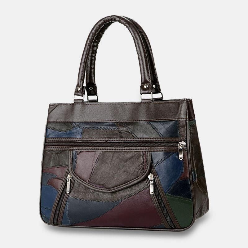 Kvinner Ekte Skinn Patchwork Malt Tøyveske Multi-Lomme Håndvesker Med Stor Kapasitet Vintage Crossbody-Vesker