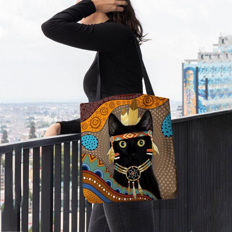 Kvinner Følte Søt Tegneserie Egyptisk Kledd Svart Katt Mønster Skulderveske Håndveske Tote