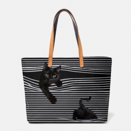 Kvinner Lerret Stripe Med Stor Kapasitet Tredimensjonal Herreional Cartoon Cute Cat Håndveske Skulderveske Tote