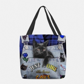 Kvinner Lerret Tre-Dimensjonal Herreional 3D Cute Black Cat Handbag Tote Skulderveske