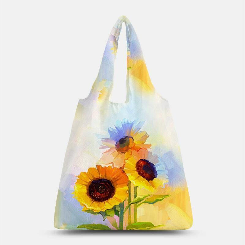 Kvinner Nylon Tie Dye Solsikkemønster Print Sommerveske Skulderveske Håndveske Tote