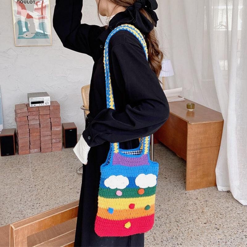 Kvinner Rainbow Stripe Tegneserie Søt Uformell Ungdom Strikket Veske Håndveske Tote Crossbody Bag