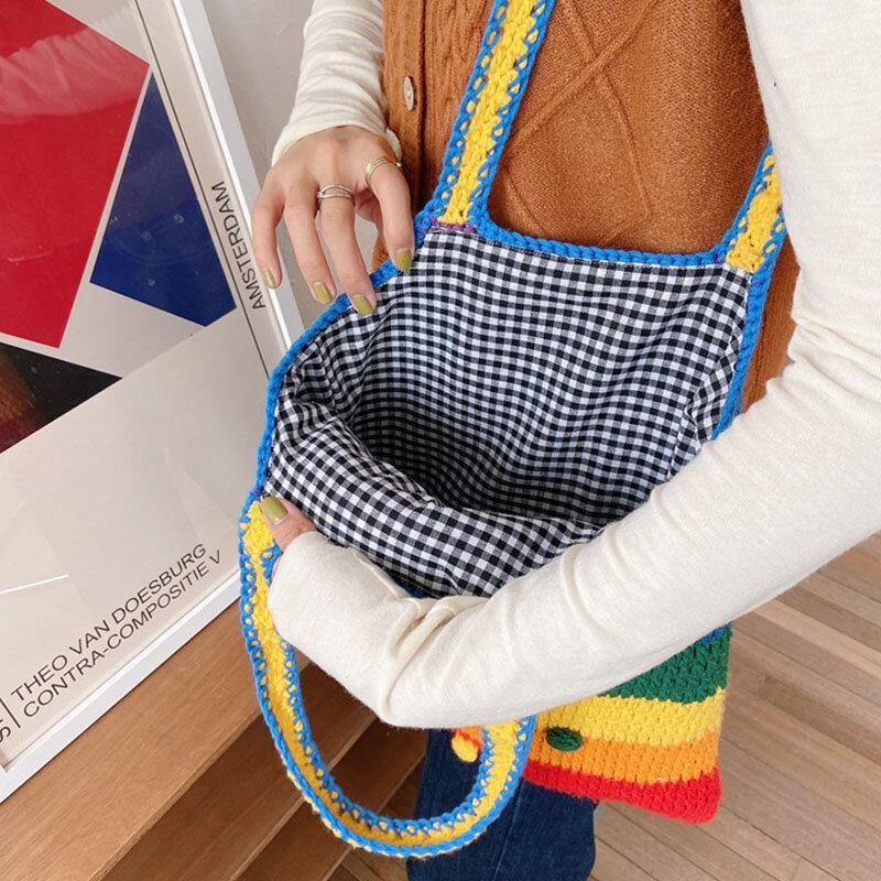 Kvinner Rainbow Stripe Tegneserie Søt Uformell Ungdom Strikket Veske Håndveske Tote Crossbody Bag