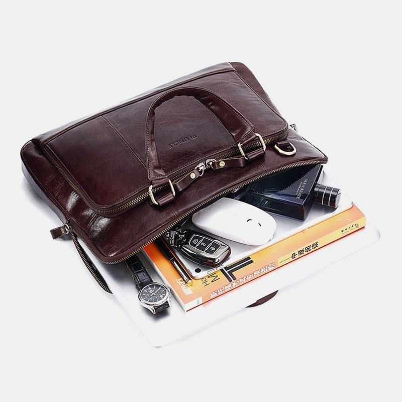 Menn Ekte Skinn Med Stor Kapasitet Business Bag 14-Tommers Computermessenger Bag