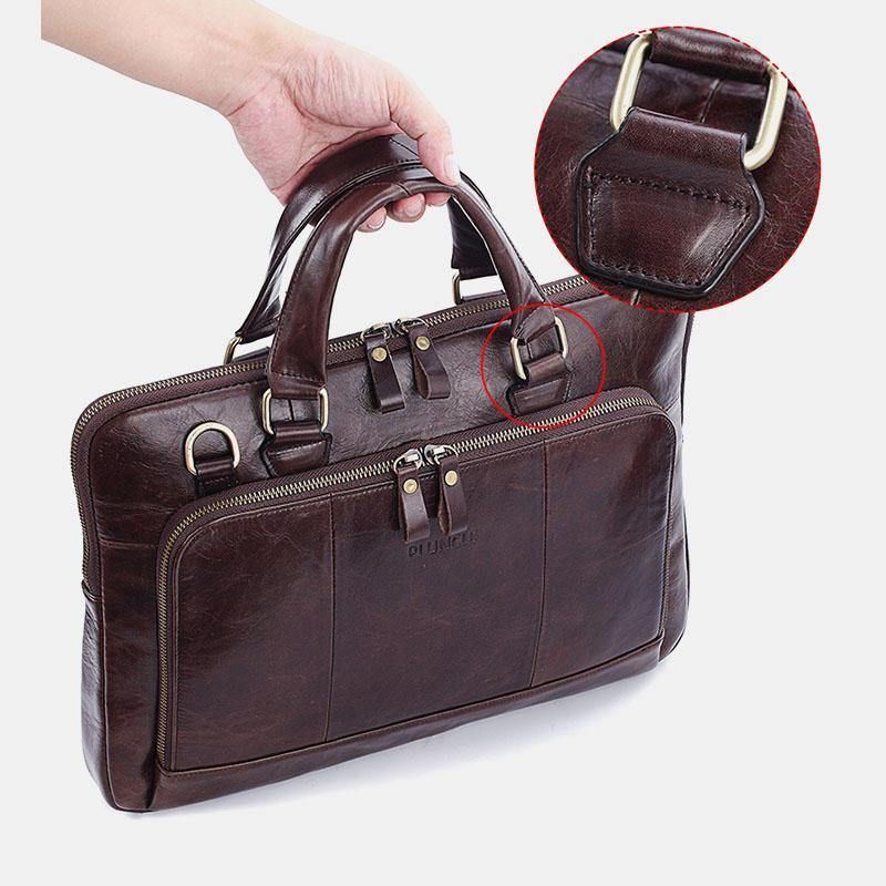 Menn Ekte Skinn Med Stor Kapasitet Business Bag 14-Tommers Computermessenger Bag