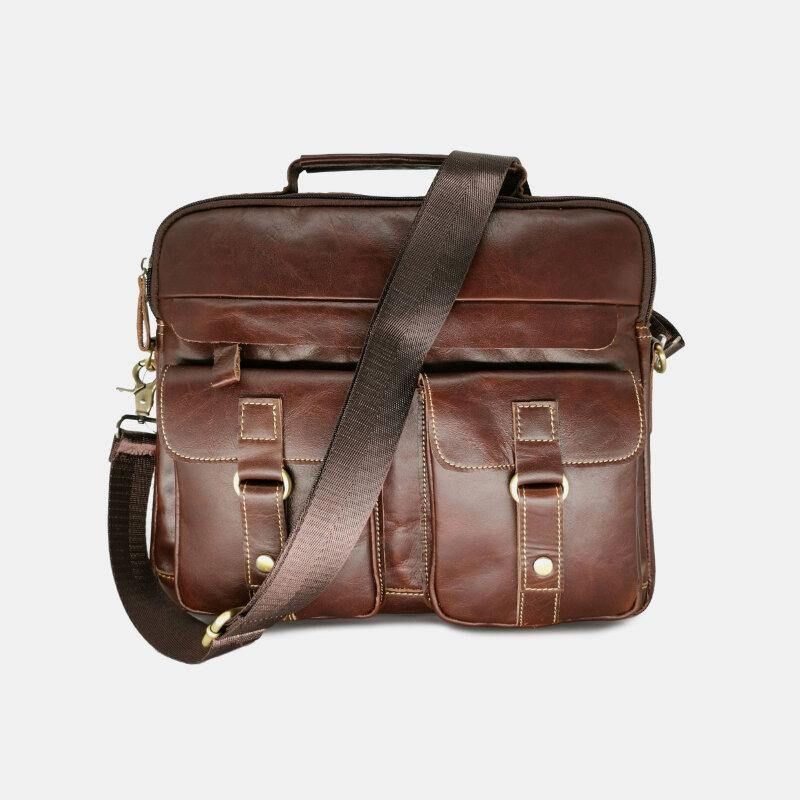 Menn Ekte Skinn Multi-Pocket Håndveske Business Bag Laptop Bag Skulderveske