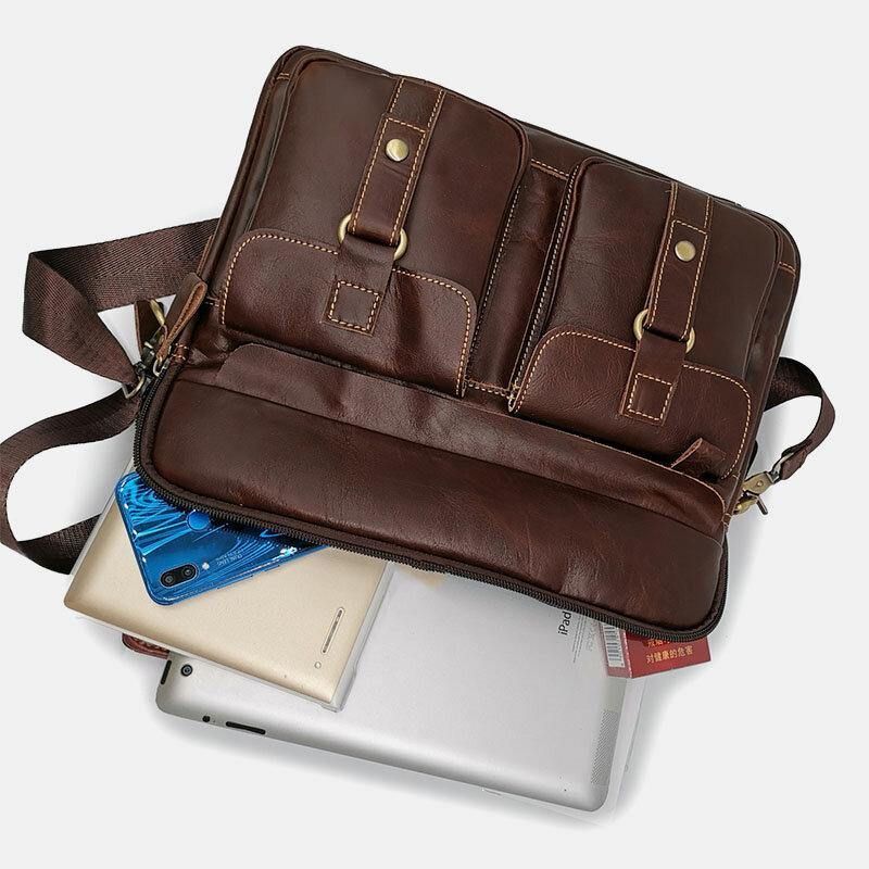 Menn Ekte Skinn Multi-Pocket Håndveske Business Bag Laptop Bag Skulderveske