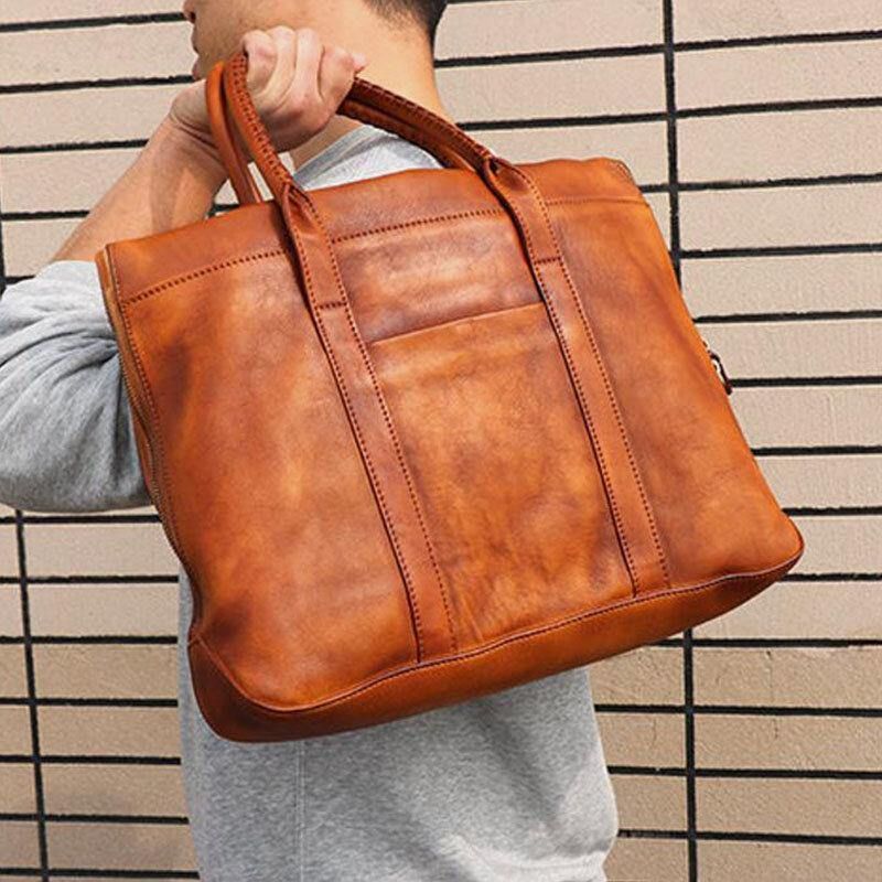 Menn Ekte Skinn Retro Multi-Lomme 15.6 Tommers Bærbar Veske Koffert Business Handbag Crossbody Bag
