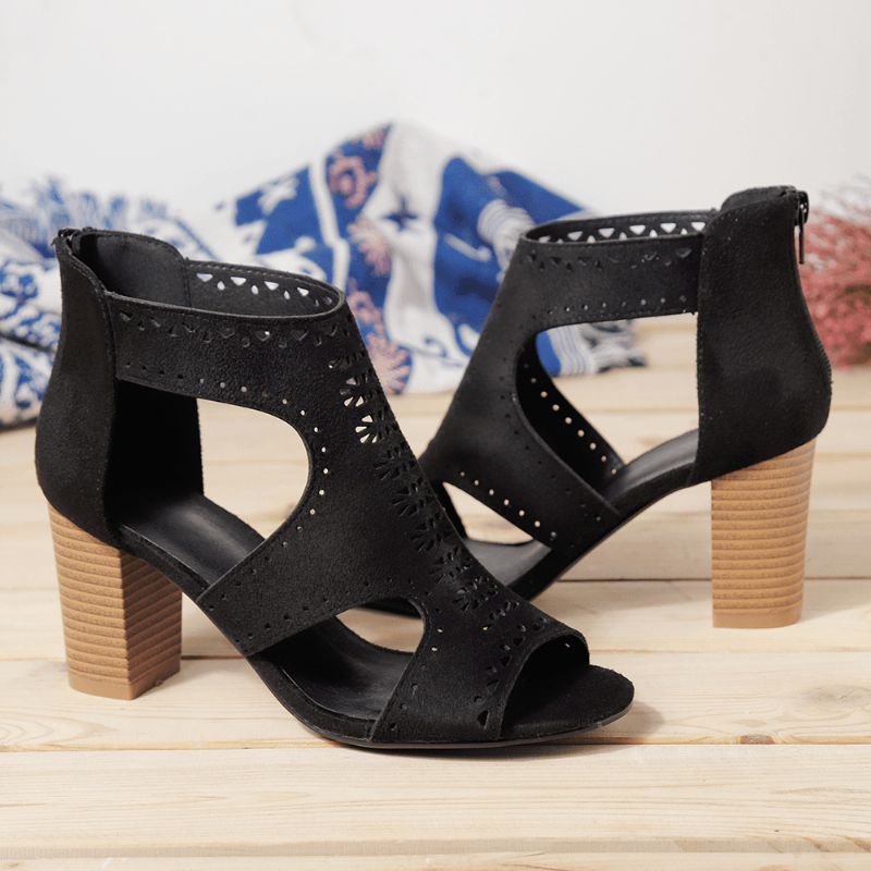Hollow Out Solid Color Chunky Heel Pumps