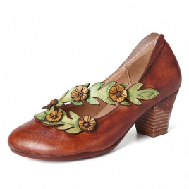 Kvinner Blomsterdekorasjon Ekte Skinn Slip On Spring Pumps