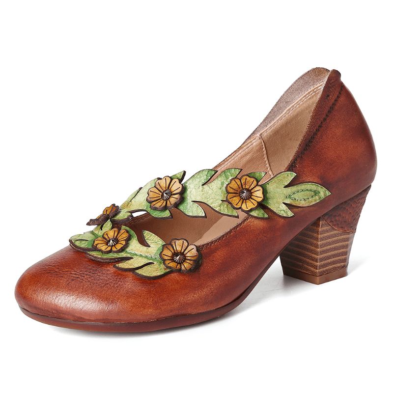 Kvinner Blomsterdekorasjon Ekte Skinn Slip On Spring Pumps