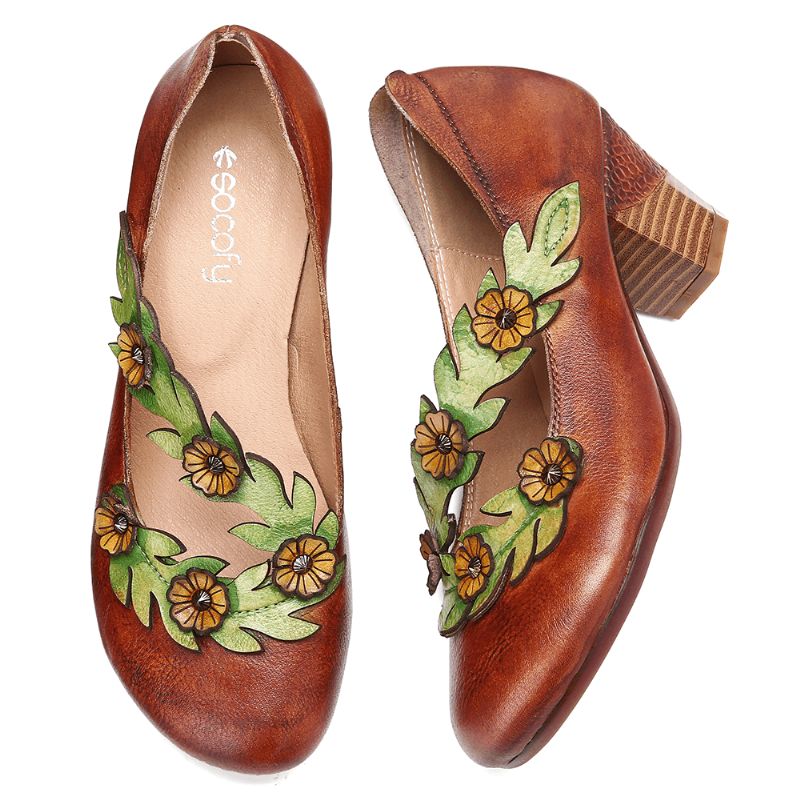 Kvinner Blomsterdekorasjon Ekte Skinn Slip On Spring Pumps