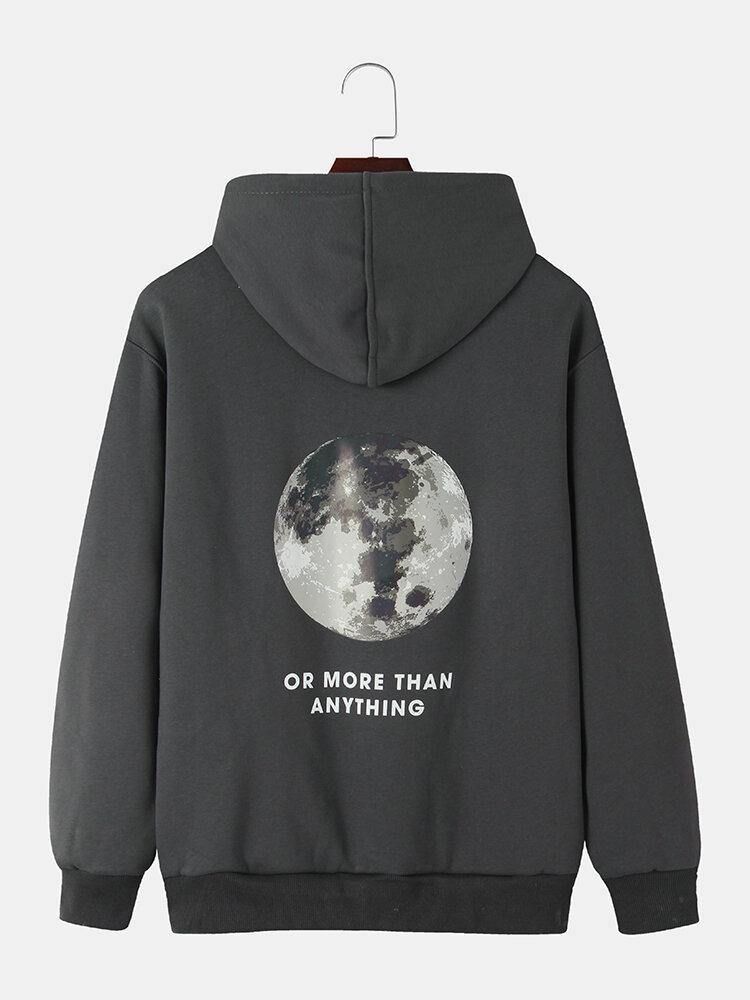 Herre Back Moon Graphic Slogan Plysjfôret Hettegensere Med Snøring I Varm Bomull