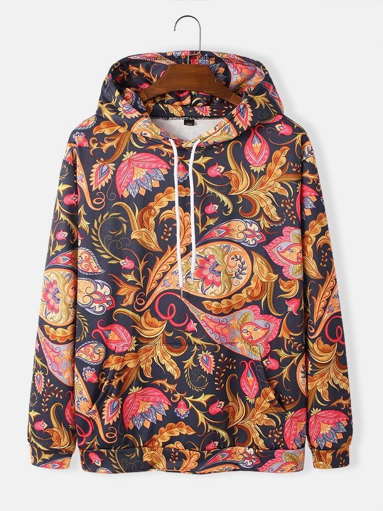 Herre Paisley Print Kangaroo Pocket Langermet Hettegensere