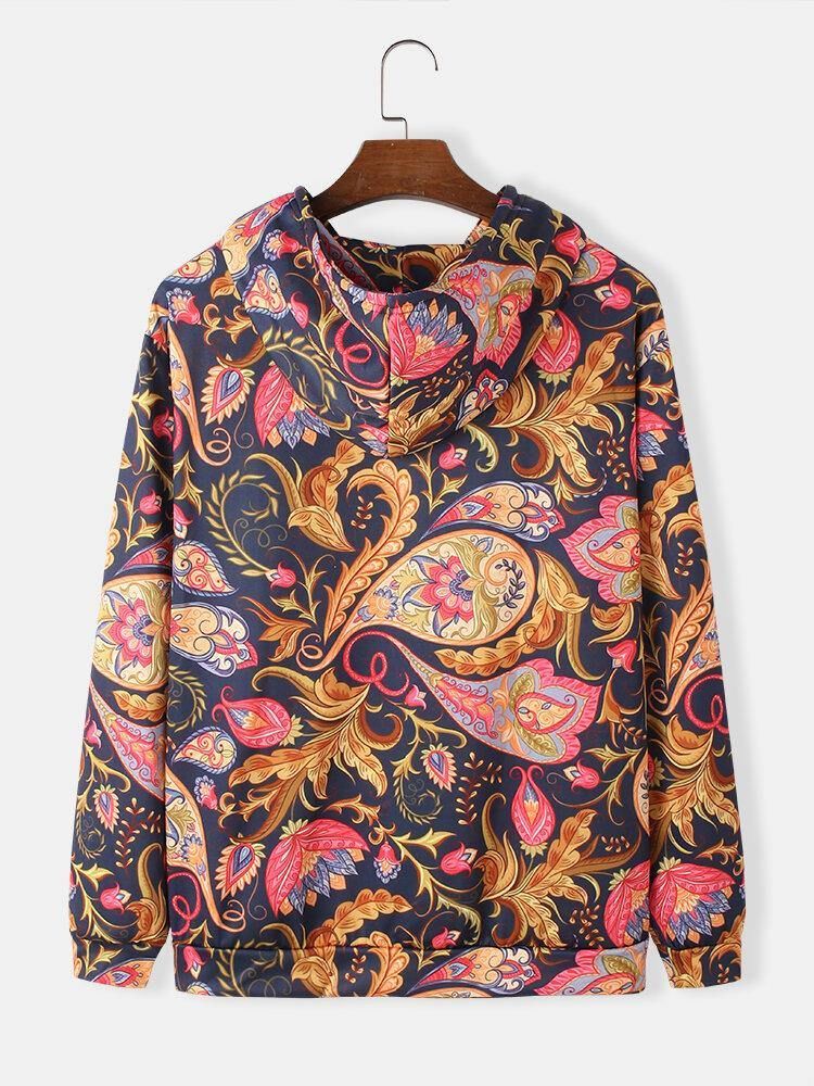 Herre Paisley Print Kangaroo Pocket Langermet Hettegensere