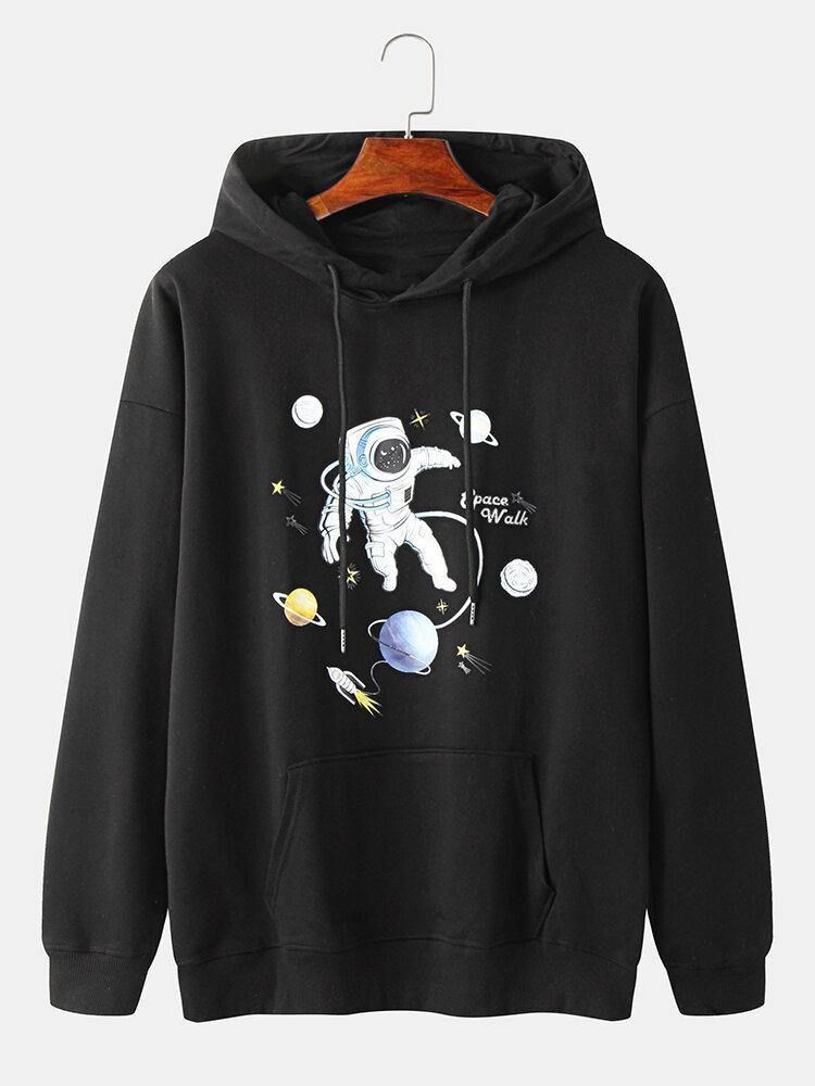 Herre Planet Astronaut Print Cotton Overhead Hettegensere Med Kengurulomme