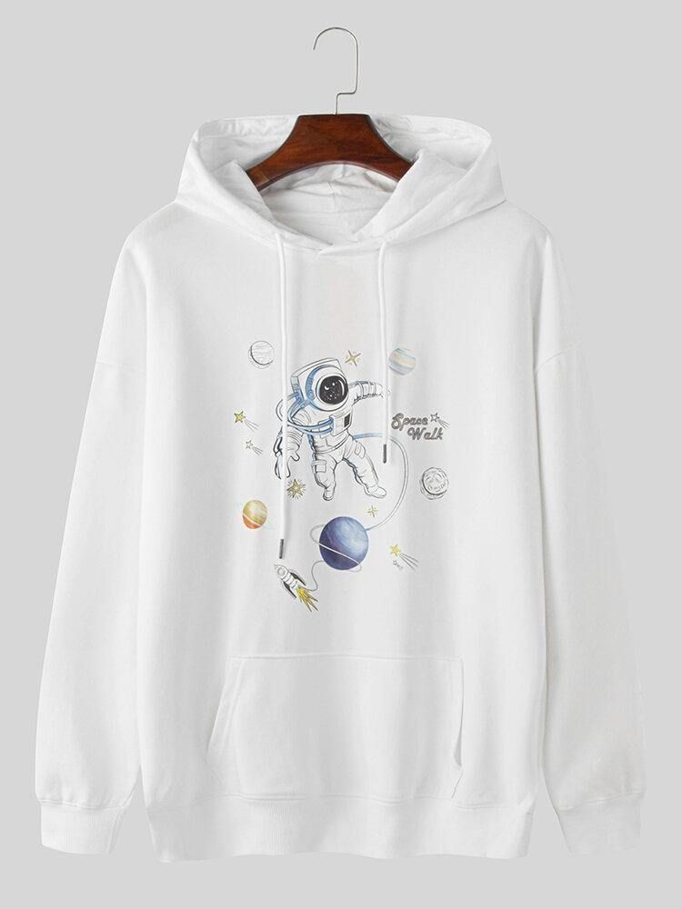 Herre Planet Astronaut Print Cotton Overhead Hettegensere Med Kengurulomme