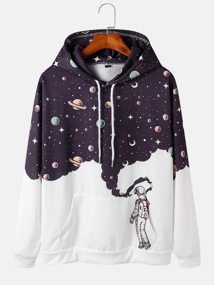 Herredesign Astronaut Galaxy Print Langermede Hettegensere Med Lomme