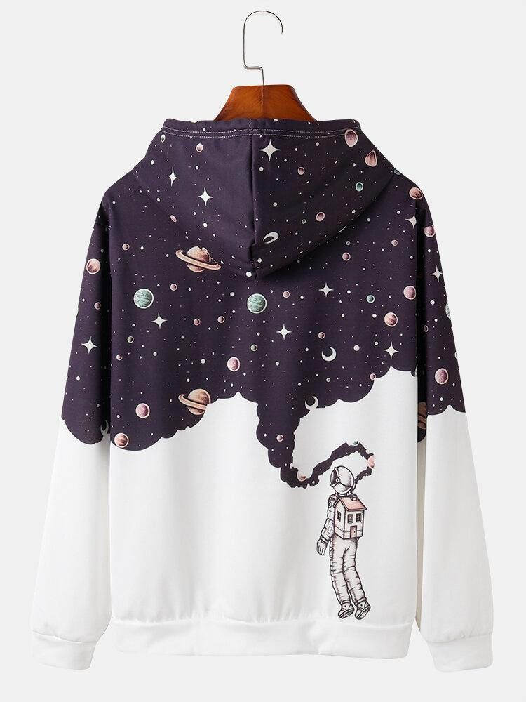 Herredesign Astronaut Galaxy Print Langermede Hettegensere Med Lomme