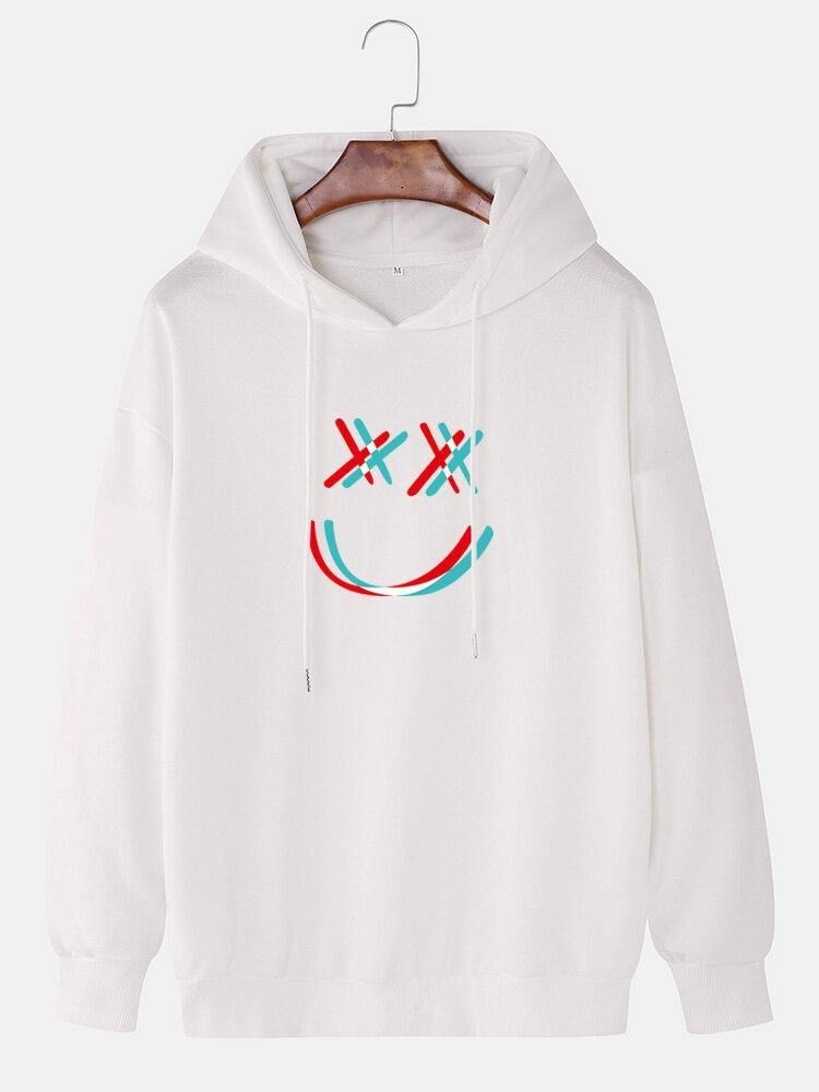 Menns Bright Smile Face Print Drop Shoulder Snøring Overhead Hettegensere