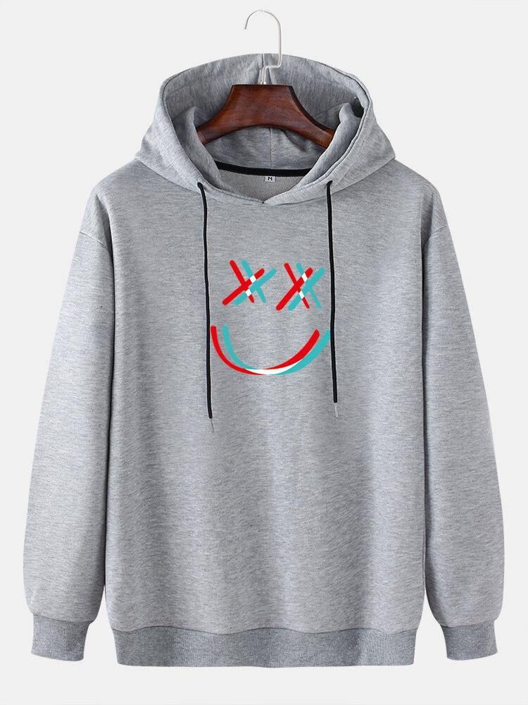 Menns Bright Smile Face Print Drop Shoulder Snøring Overhead Hettegensere