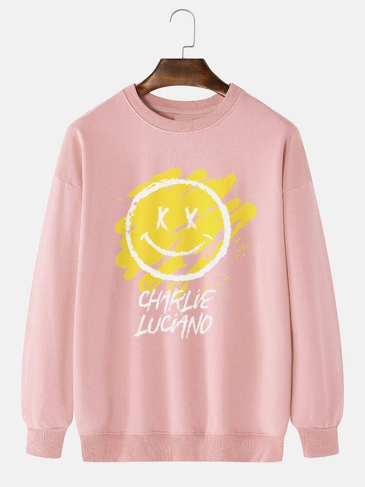 Menns Letter & Graffiti Smil Print Pullover Langermet Bomullsgensere