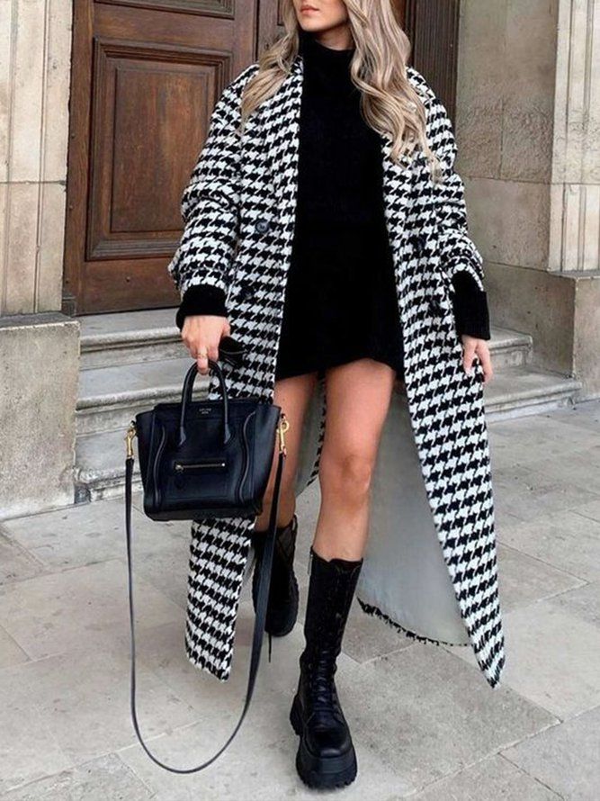 Daglig Langermet Houndstooth Loose Lapel Collar Overcoat