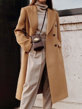 Khaki Daily Langermet Lapel Collar Urban Plain Overcoat